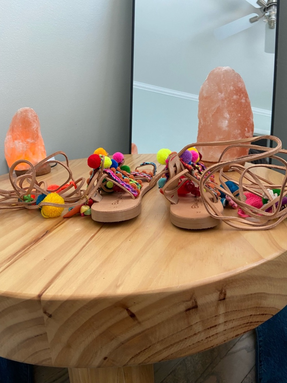 Women’s Multicolor Pom Pom Lace-Up Sandals